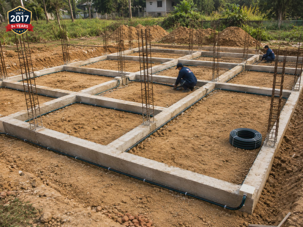 Termipore anti-termite piping system installed around building foundation by Termicare Nepal technicians during pre-construction termite treatment